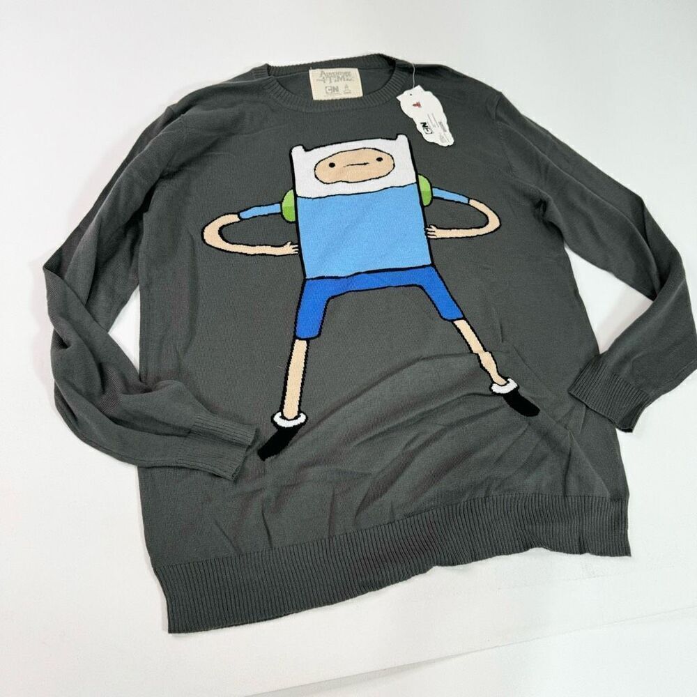 Adventure Time Sweater Mens 2XL Gray Finn Long-Sleeve Crew-Neck Pullover NWT